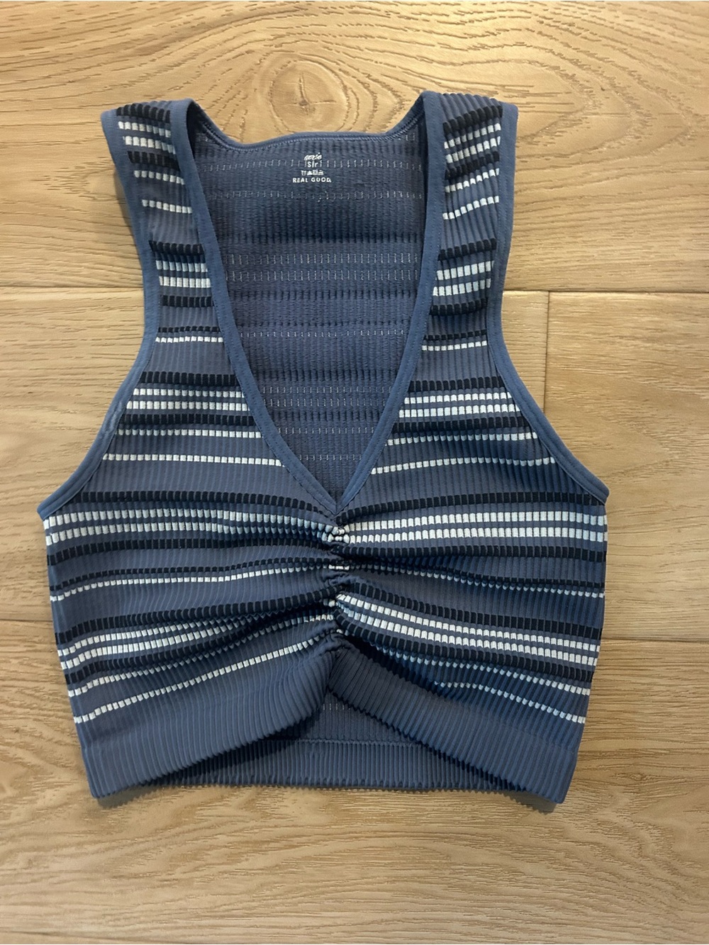 aerie Blue and White Striped V-Neck Ruched Crop Tank